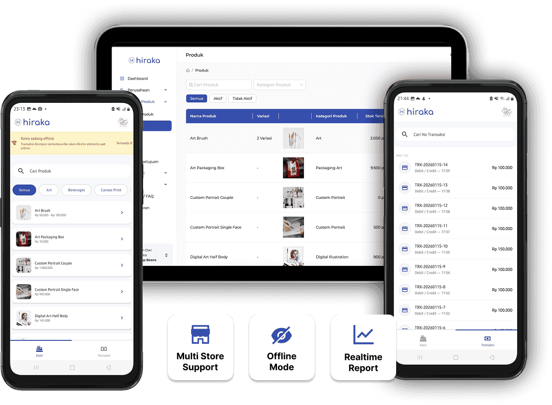 Hiraka POS mobile interface showing transaction features